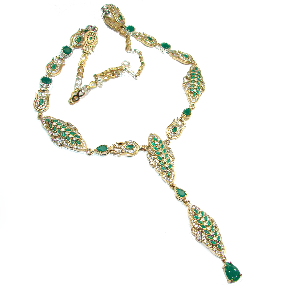 Victorian Style created Green Emerald & White Topaz .925 Sterling Silver necklace