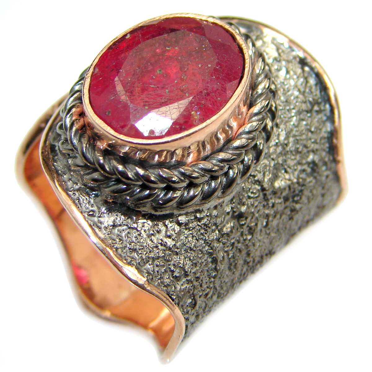 Large genuine Ruby 14K Gold over .925 Sterling Silver Statement ring; s. 7 adjustable