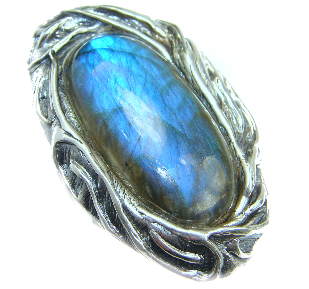 Large Fire Labradorite .925 Sterling Silver handmade ring size 7 adjustable