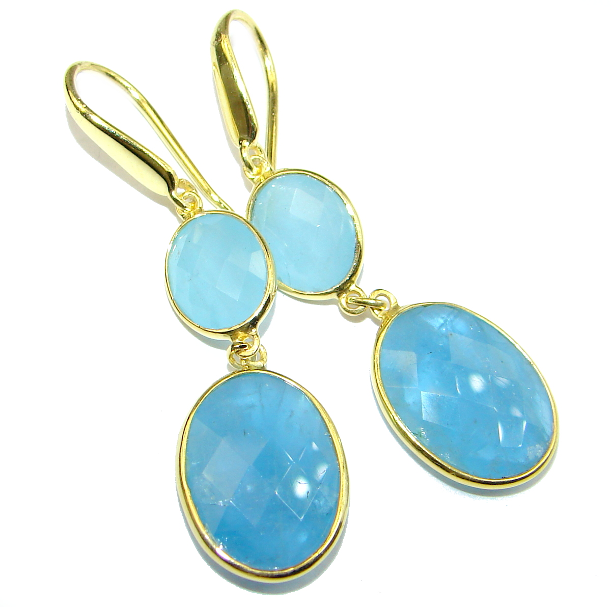 Fancy Style genuine Aquamarine 18K Gold over .925 Sterling Silver handmade earrings