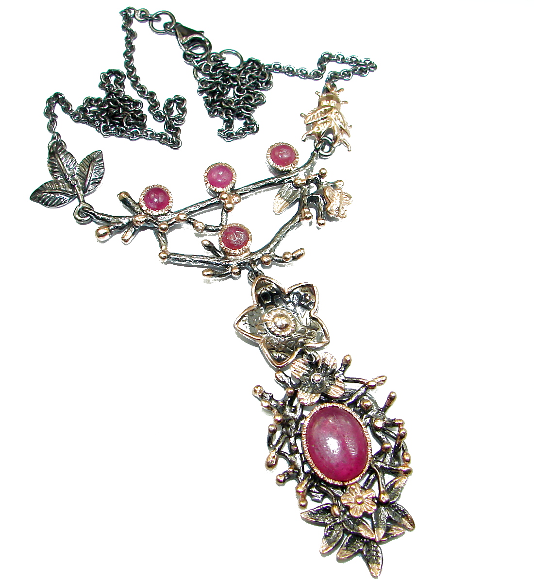 Authentic Ruby 14K Gold Rhodium over .925 Sterling Silver handmade Statement Necklace
