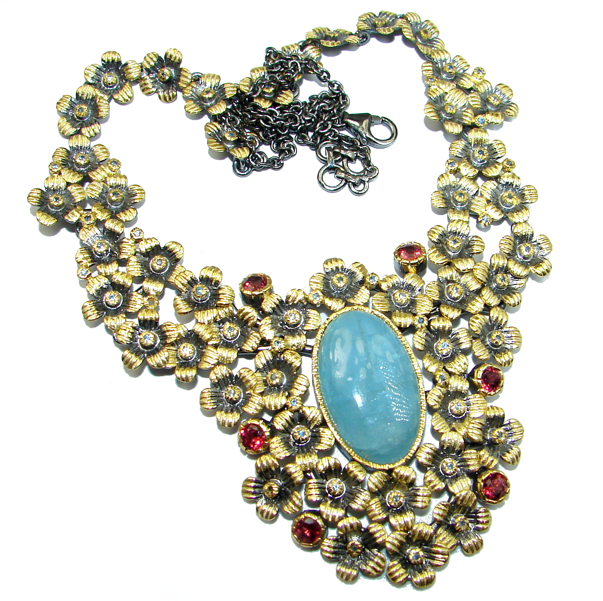 True Art genuine Aquamarine 14K Gold over Rhodium over .925 Sterling Silver handcrafted necklace