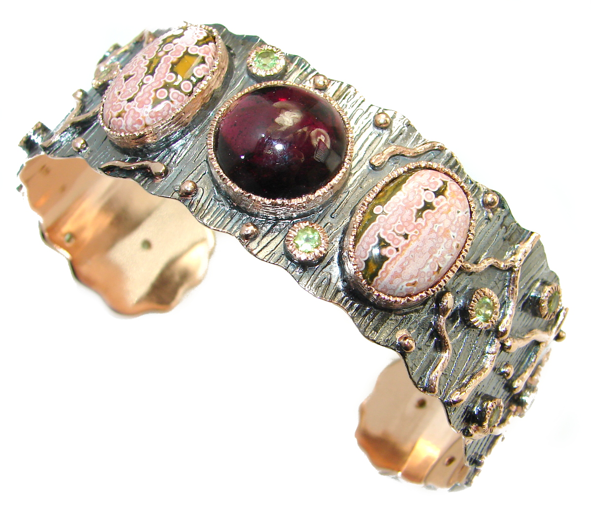 Genuine genuine Garnet Rose Gold plated over .925 Sterling Silver handcrafted Bracelet / Cuff