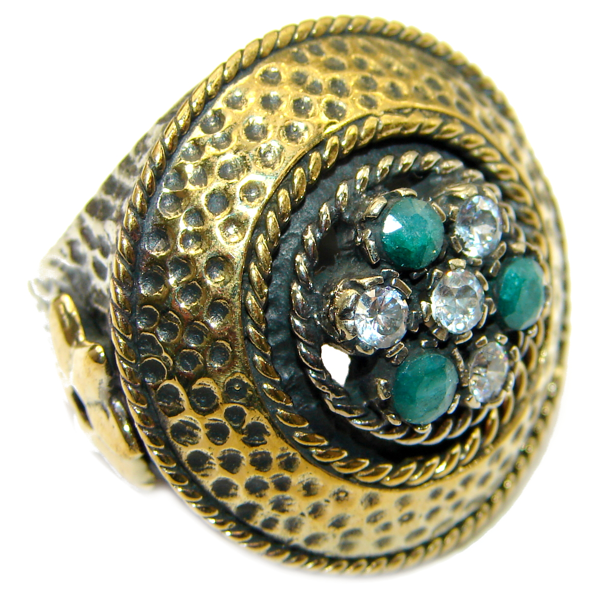 Victorian Style created Emerald & White Topaz Copper over Sterling Silver ring; s. 7