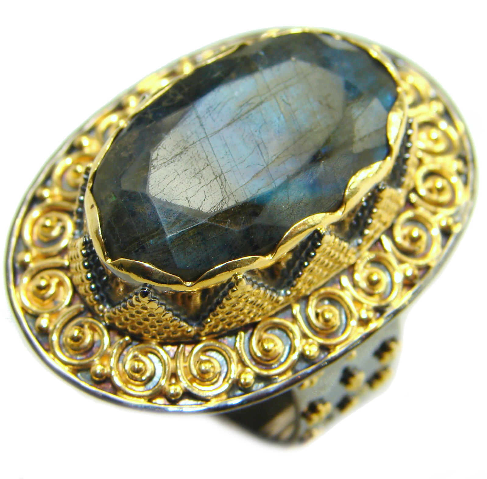 Large Fire Labradorite .925 Sterling Silver handmade ring size 8 adjustable