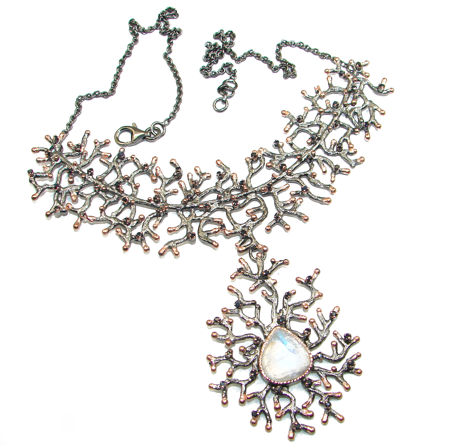 Golden Reef Fire Moonstone Rose Gold over .925 Sterling Silver handcrafted necklace