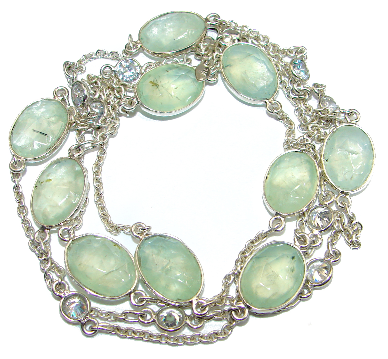 36 inches genuine Moss Prehnite White Topaz .925 Sterling Silver handmade station Necklace