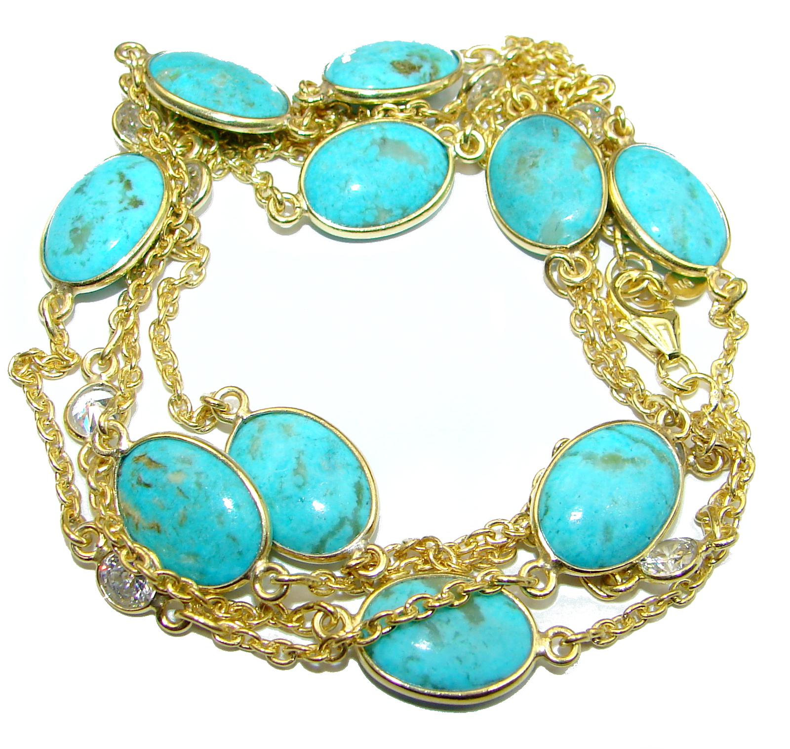 36 inches Genuine Turquoise 14K Gold over .925 Sterling Silver handmade Station Necklace