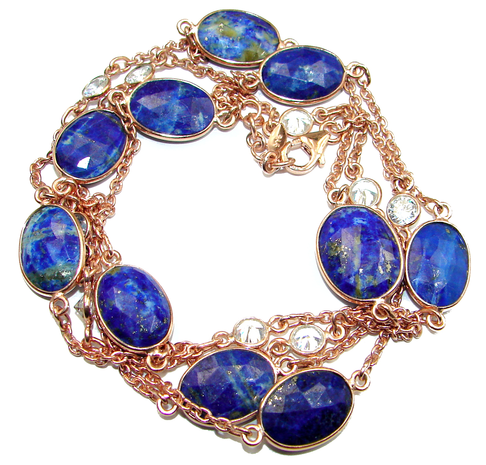 36 inches genuine Lapis Lazuli 14K Gold over .925 Sterling Silver Station Necklace
