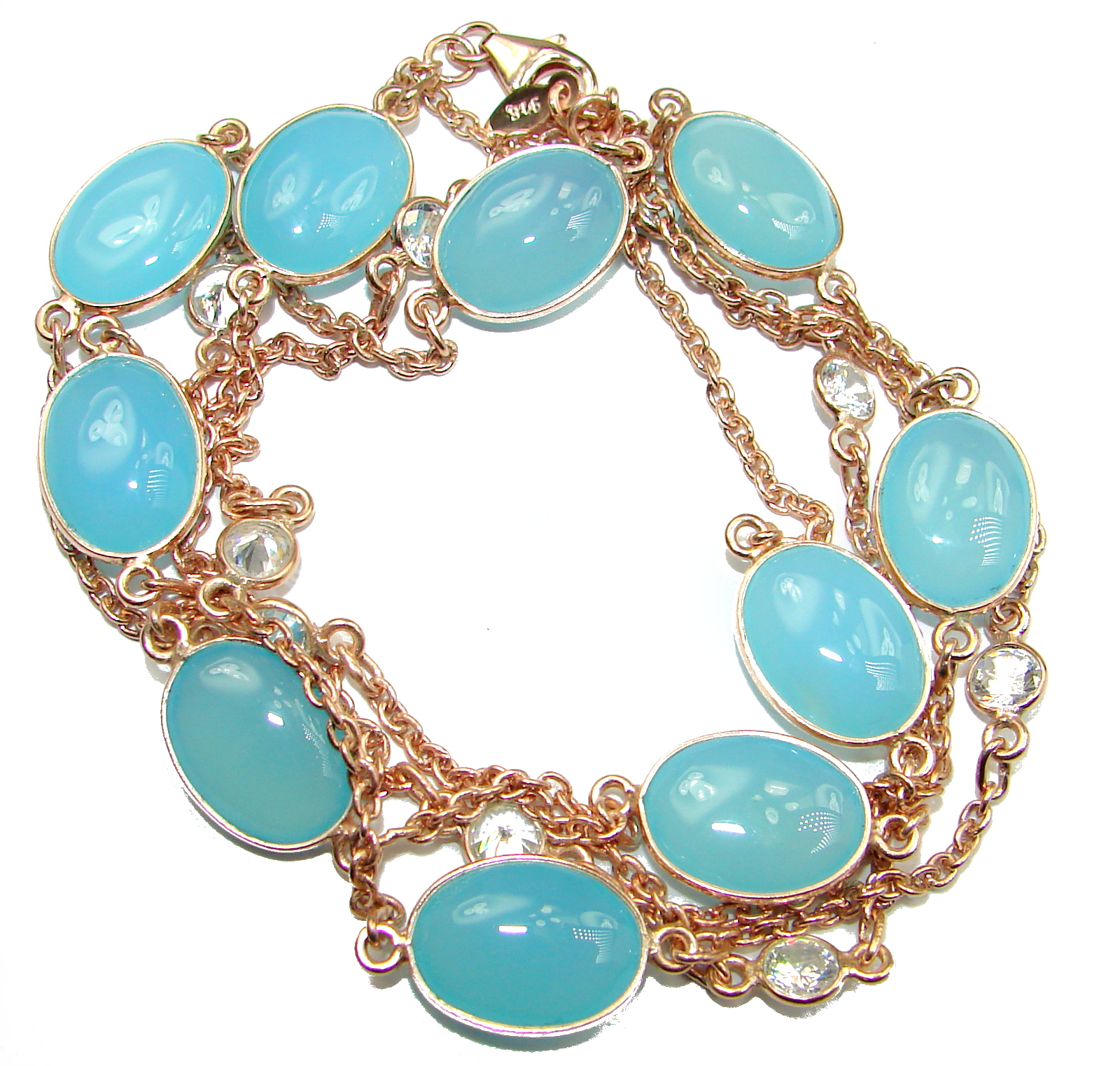36 inches genuine Chalcedony Agate gold over .925 Sterling Silver Station Necklace