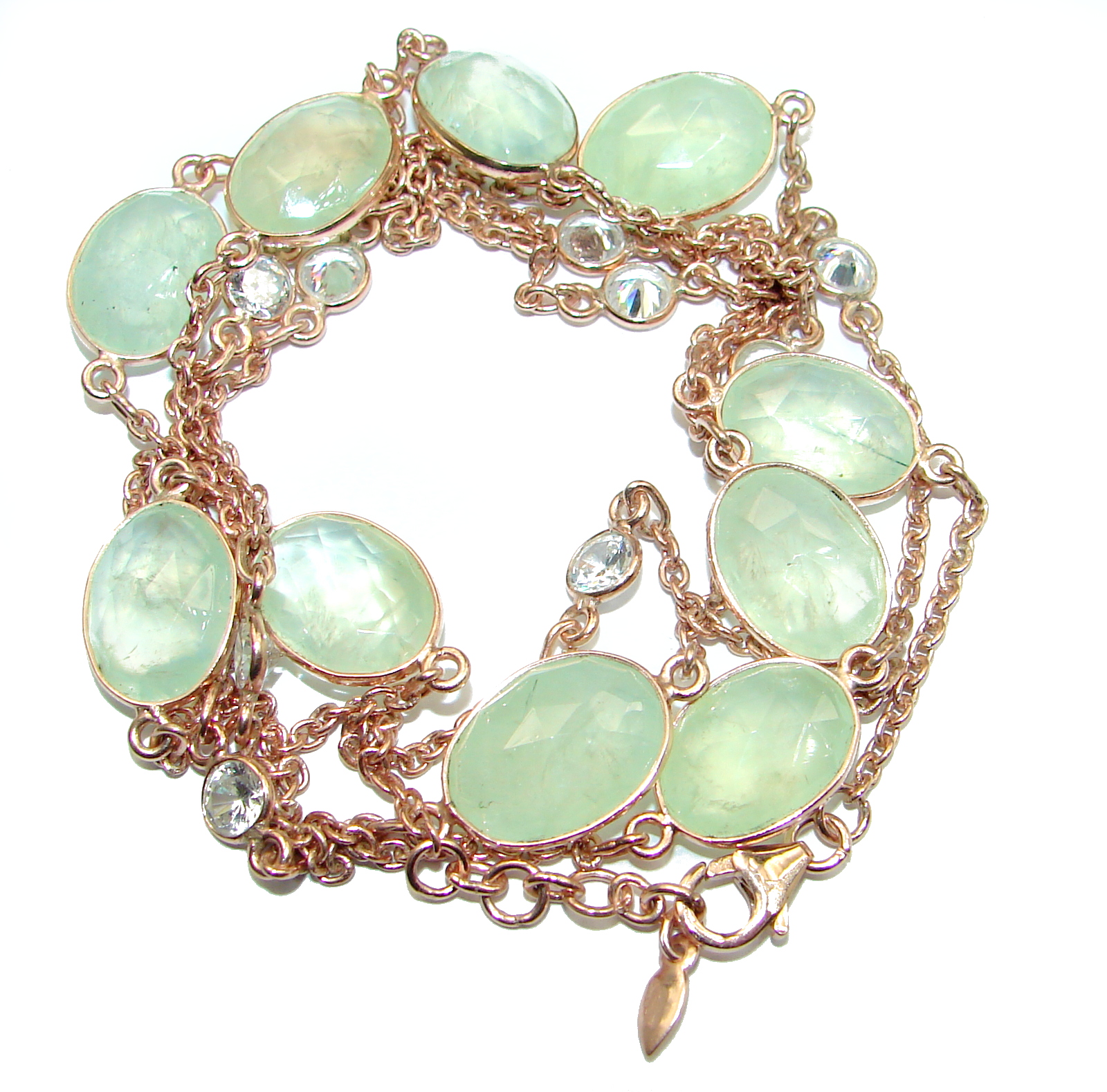 36 inches genuine Moss Prehnite White Topaz .925 Sterling Silver handmade station Necklace
