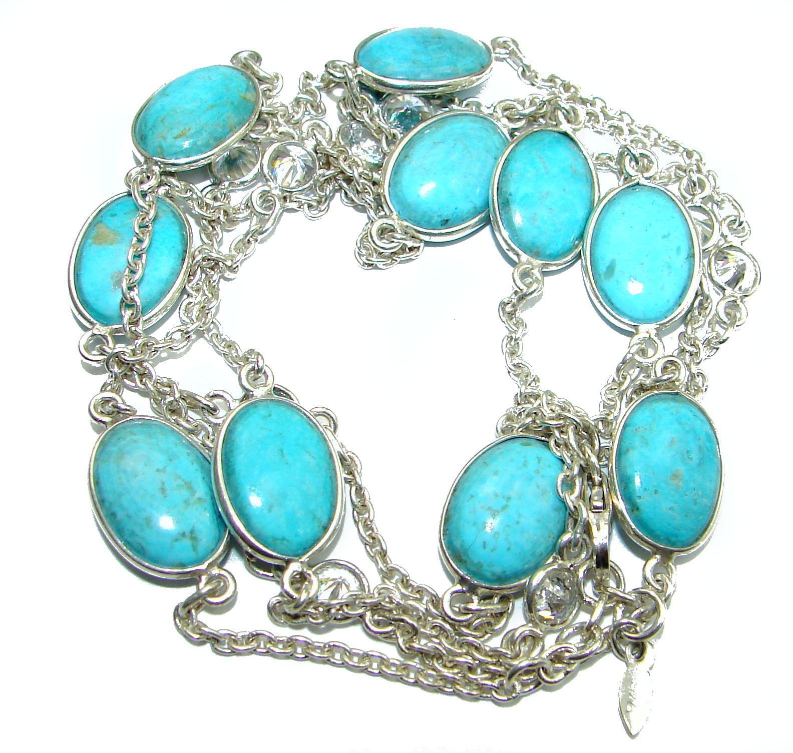36 inches Genuine Turquoise .925 Sterling Silver handmade Station Necklace