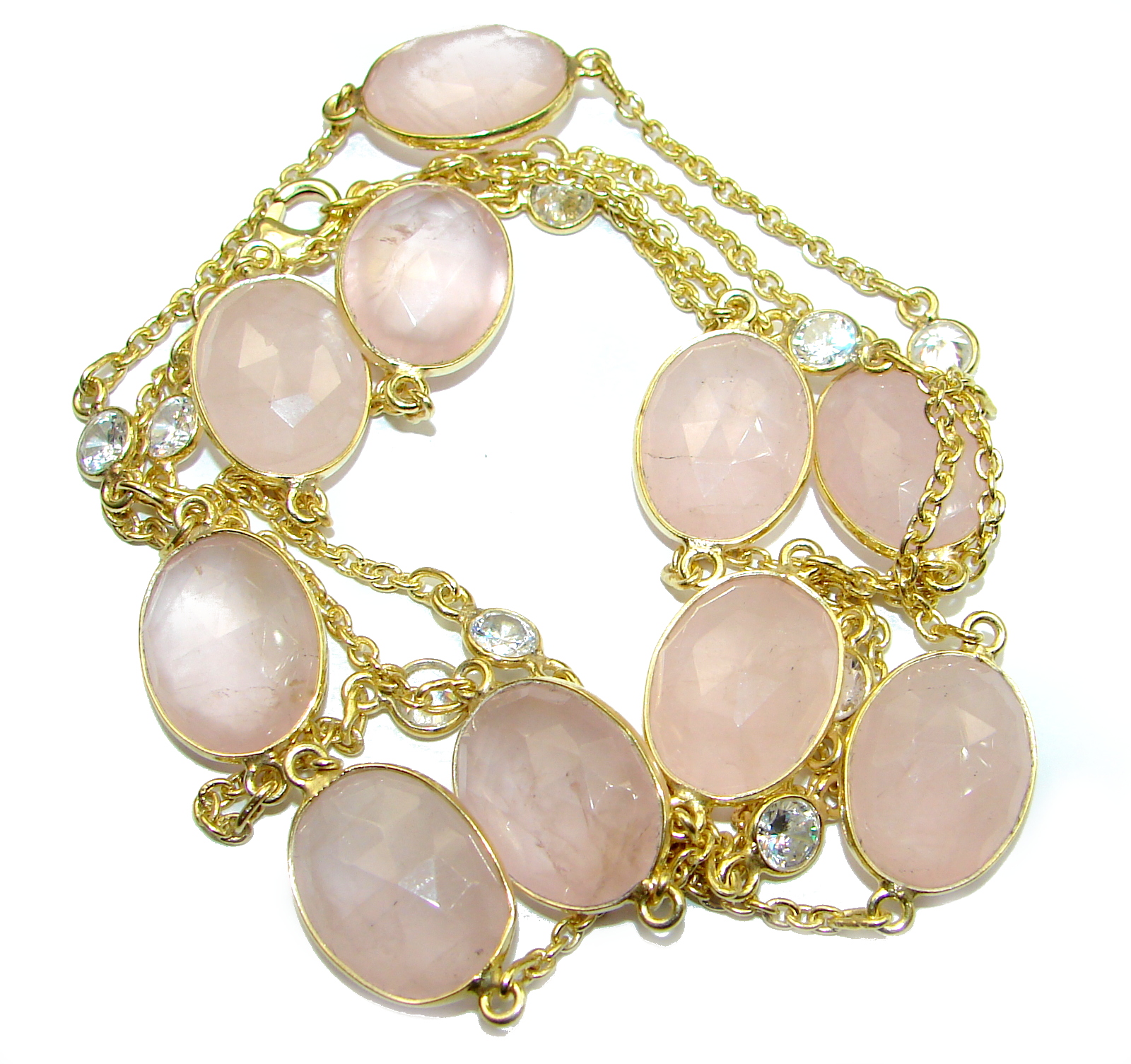 36 inches genuine Rose Quartz White Topaz .925 Sterling Silver handmade station Necklace