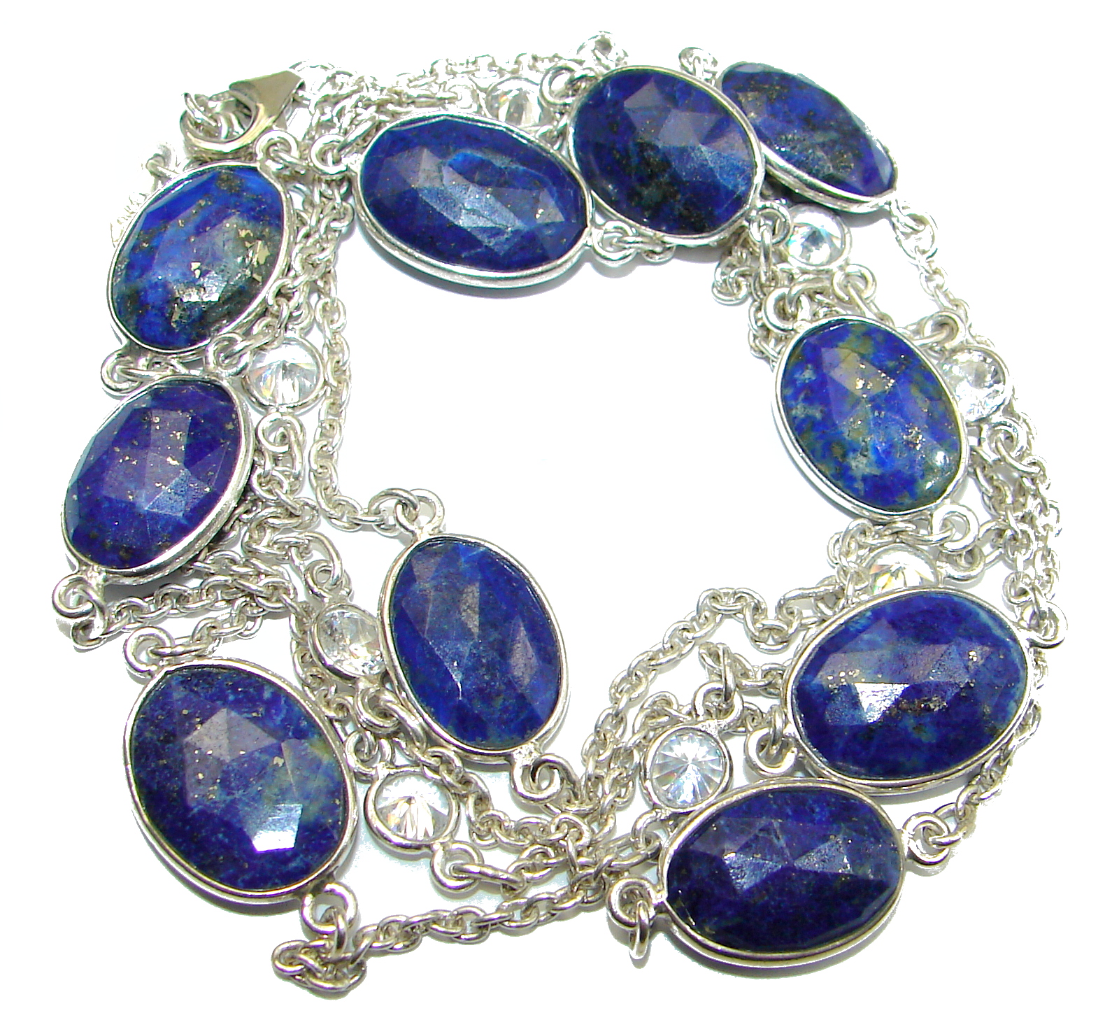 36 inches genuine Lapis Lazuli .925 Sterling Silver Station Necklace
