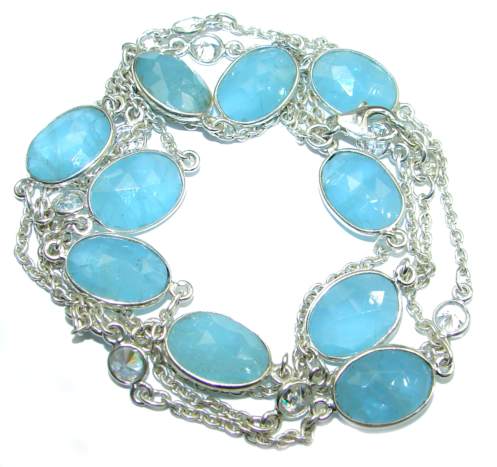 36 inches genuine Chalcedony Agate gold over .925 Sterling Silver Station Necklace