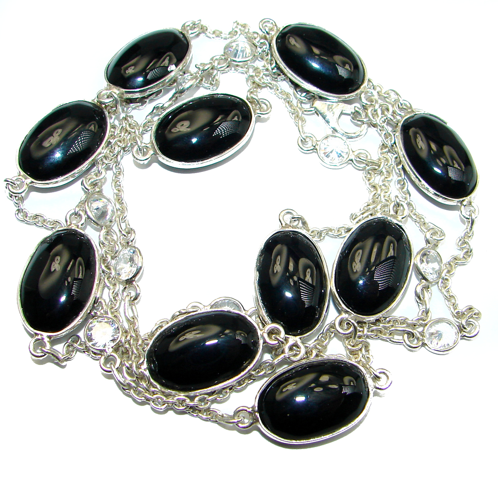 36 inches Genuine Onyx Stones .925 Sterling Silver handcrafted Station Necklace