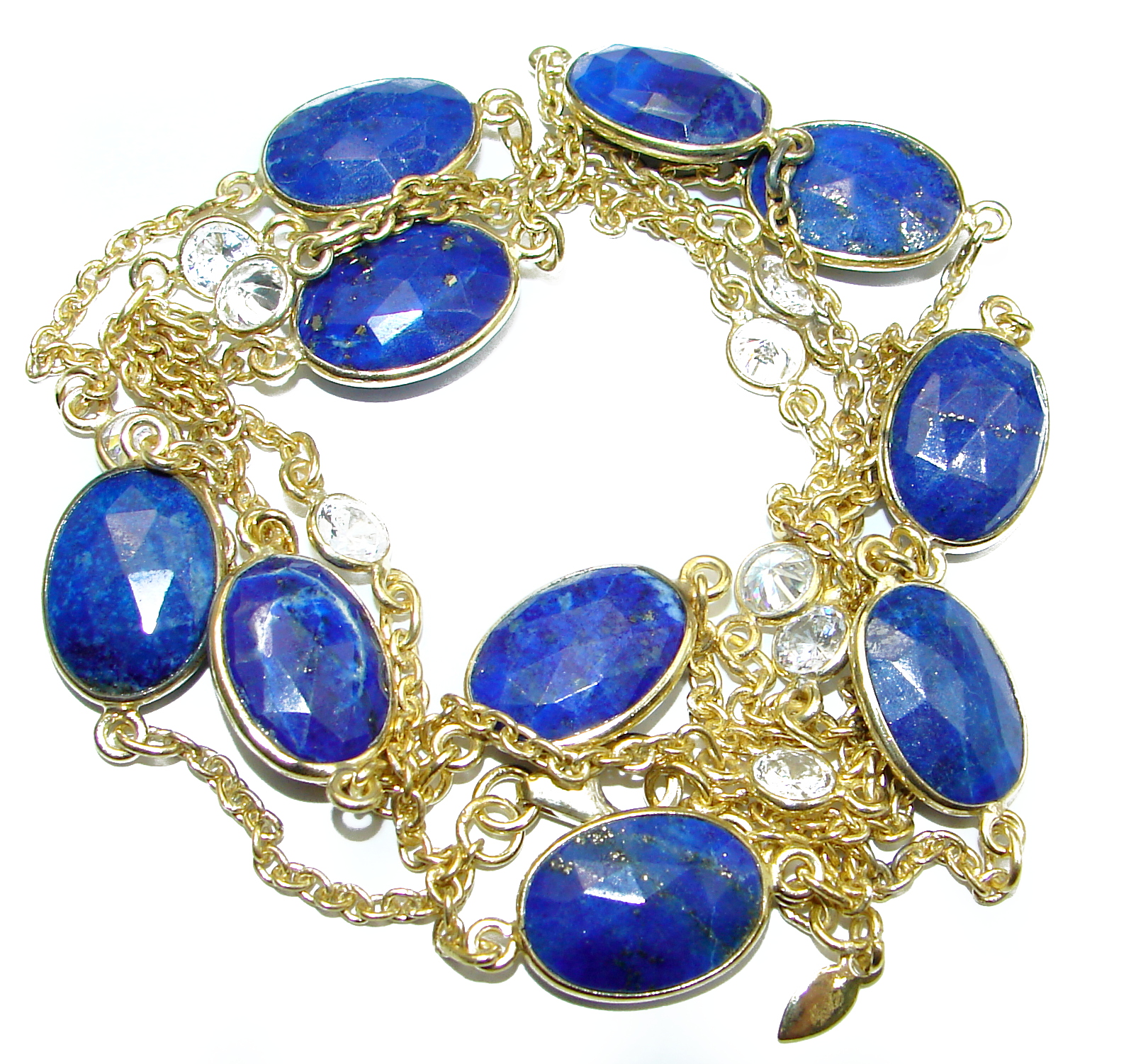 36 inches genuine Lapis Lazuli 14K Gold over .925 Sterling Silver Station Necklace