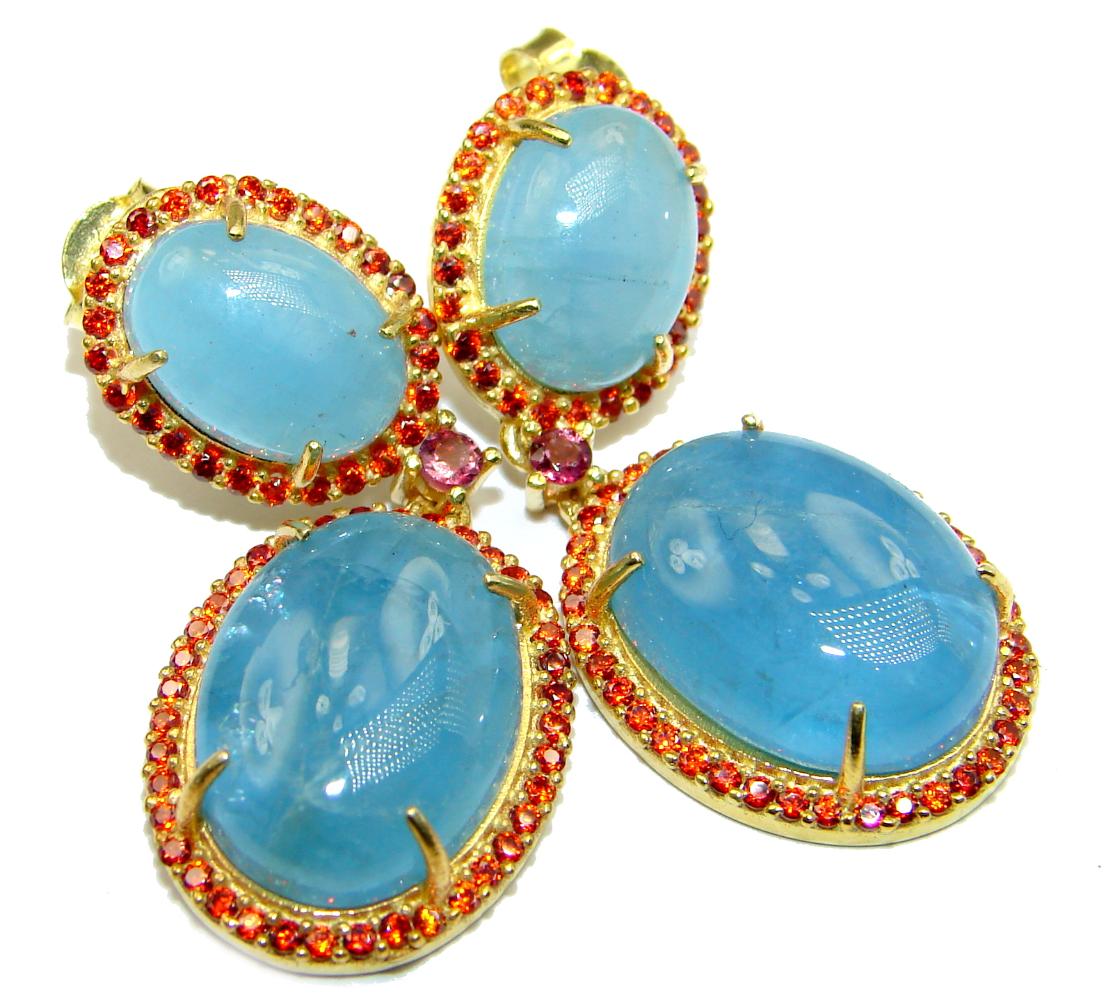 Fancy Style genuine Aquamarine Ruby .925 Sterling Silver handmade earrings