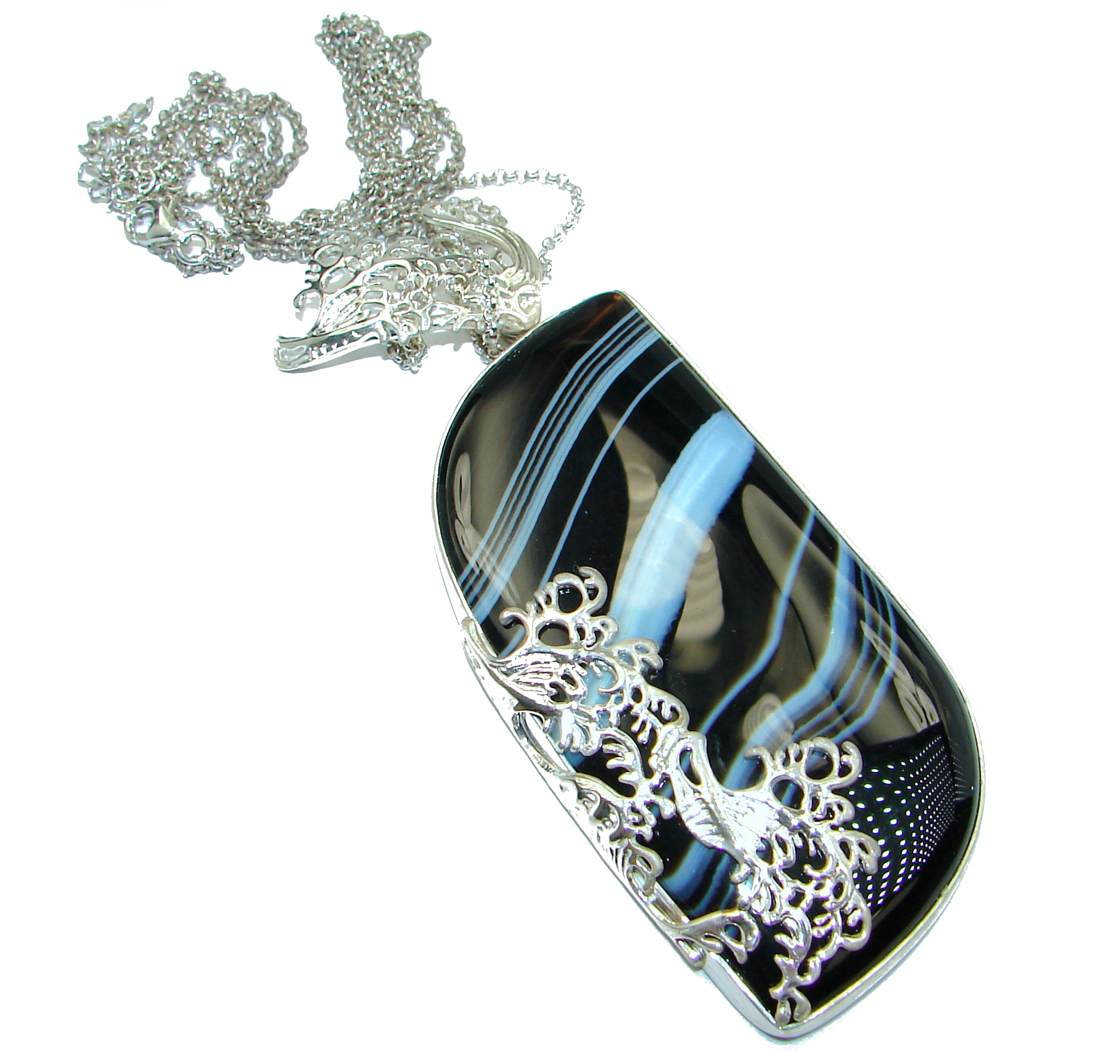 Oversized genuine Botswana Agate .925 Sterling Silver handcrafted necklace