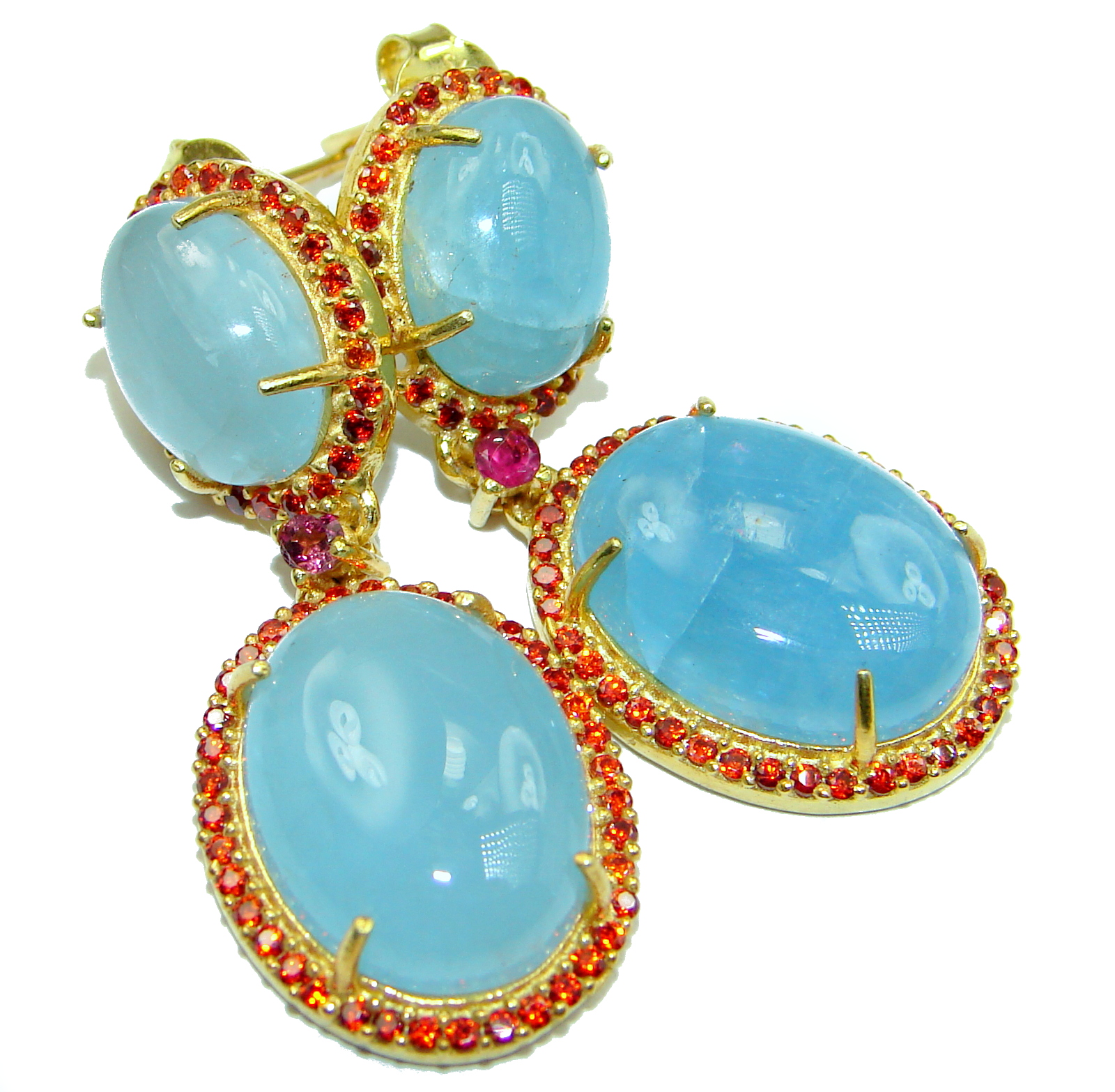 Fancy Style genuine Aquamarine Ruby .925 Sterling Silver handmade earrings
