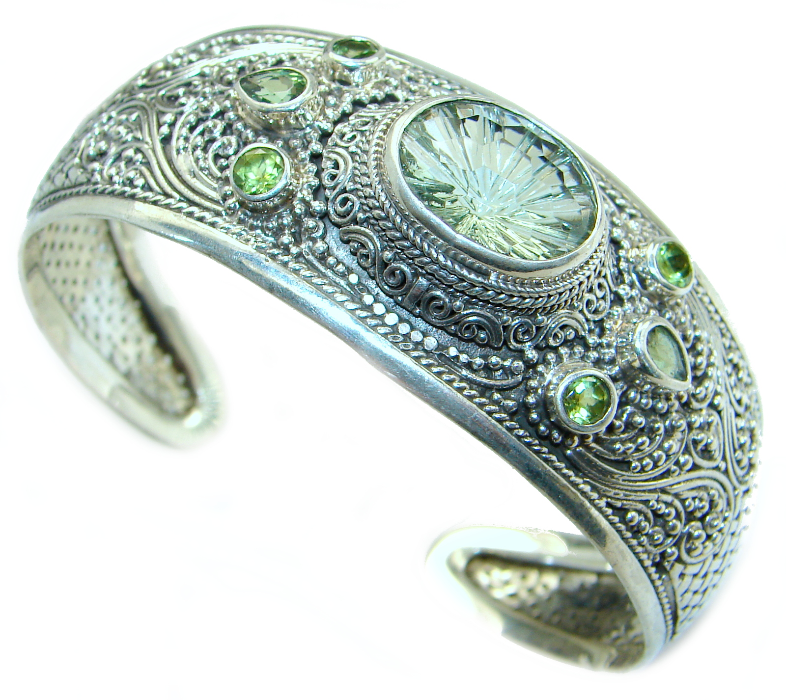 Green Amethyst Peridot .925 Sterling Silver handmade Bracelet / Cuff