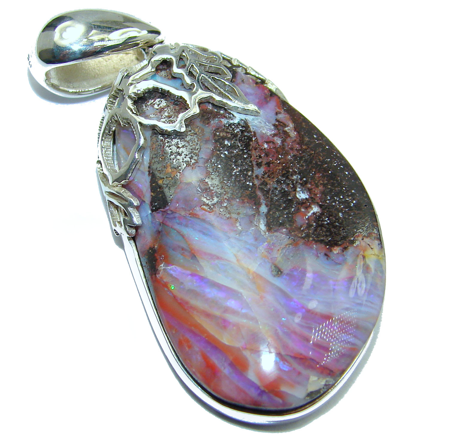 Giant Rustic Design Authentic Australian Boulder Opal .925 Sterling Silver handmade Pendant