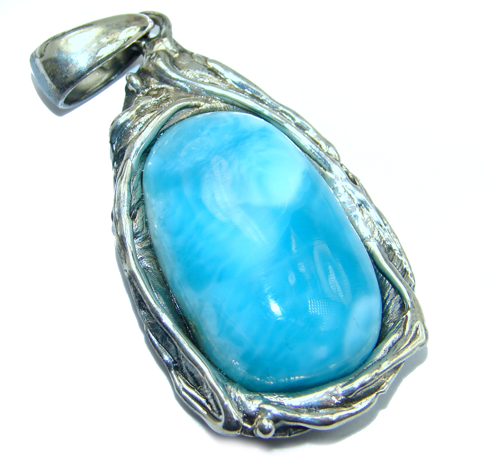 Huge Royal Caribbean Blue Larimar .925 Sterling Silver handmade pendant