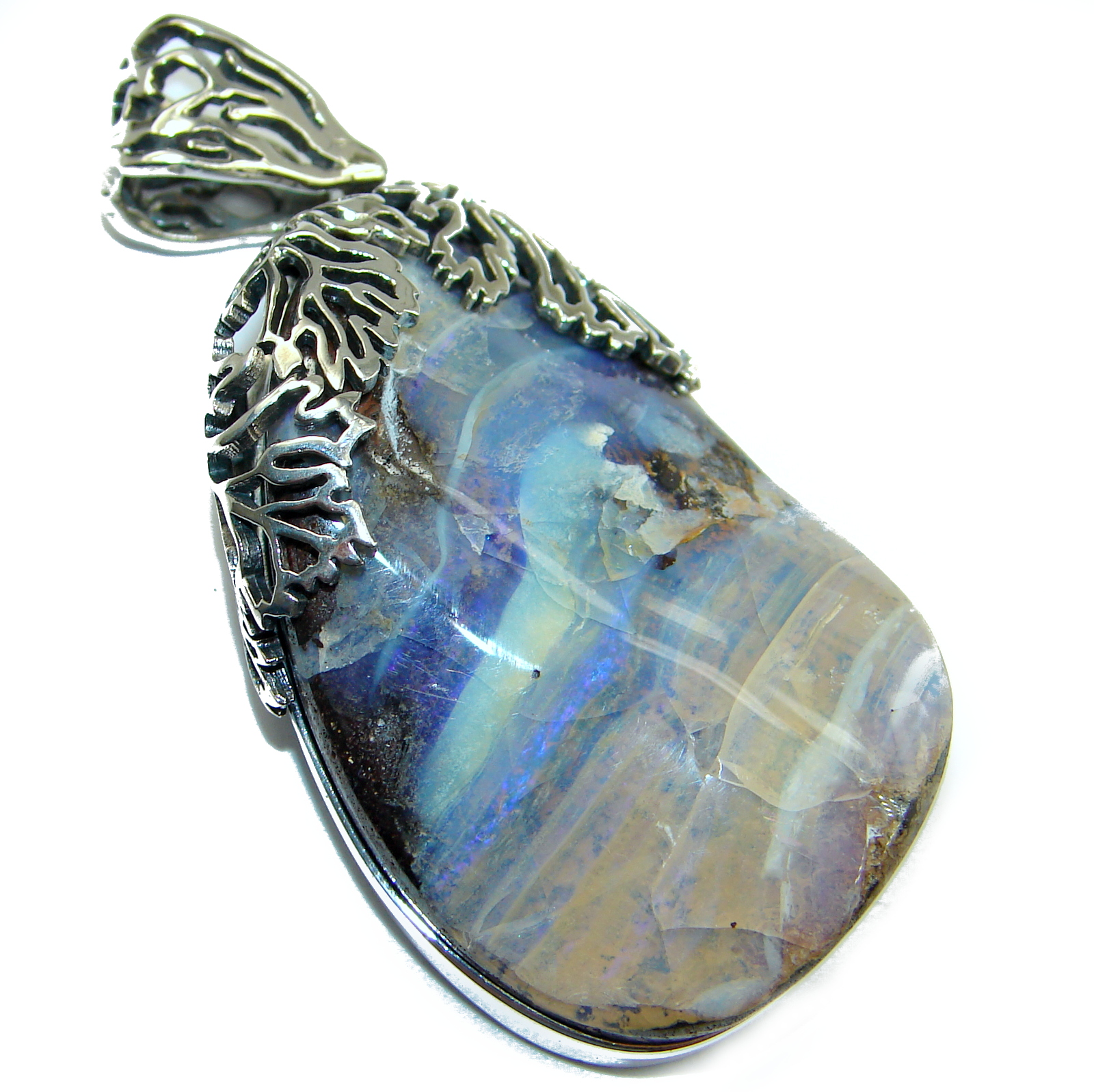Giant Rustic Design Authentic Australian Boulder Opal .925 Sterling Silver handmade Pendant