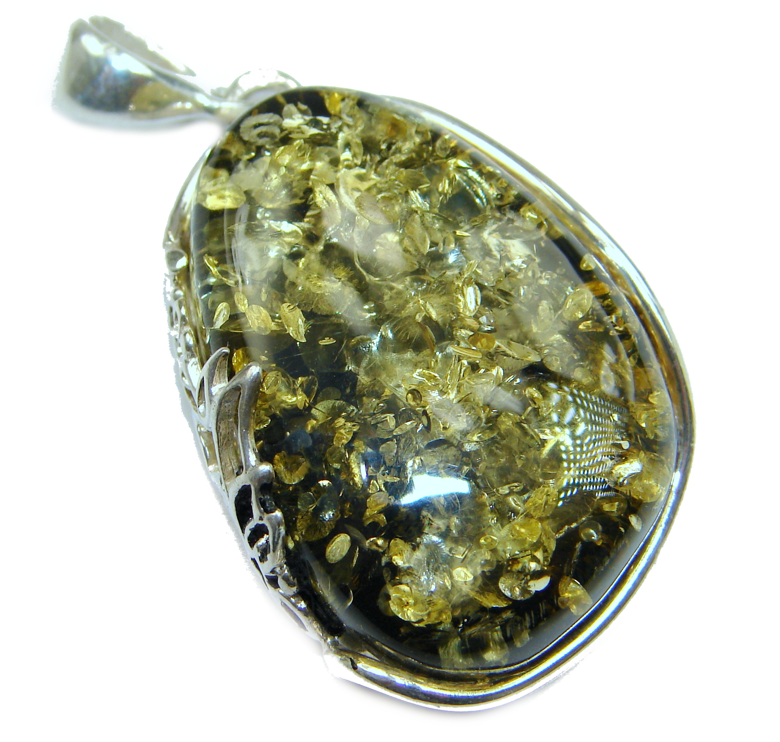 Natural Baltic Green Amber .925 Sterling Silver handmade Pendant