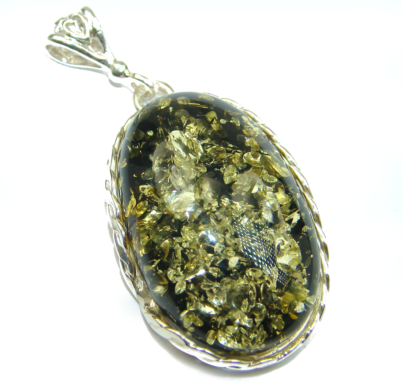 Natural Baltic Green Amber .925 Sterling Silver handmade Pendant