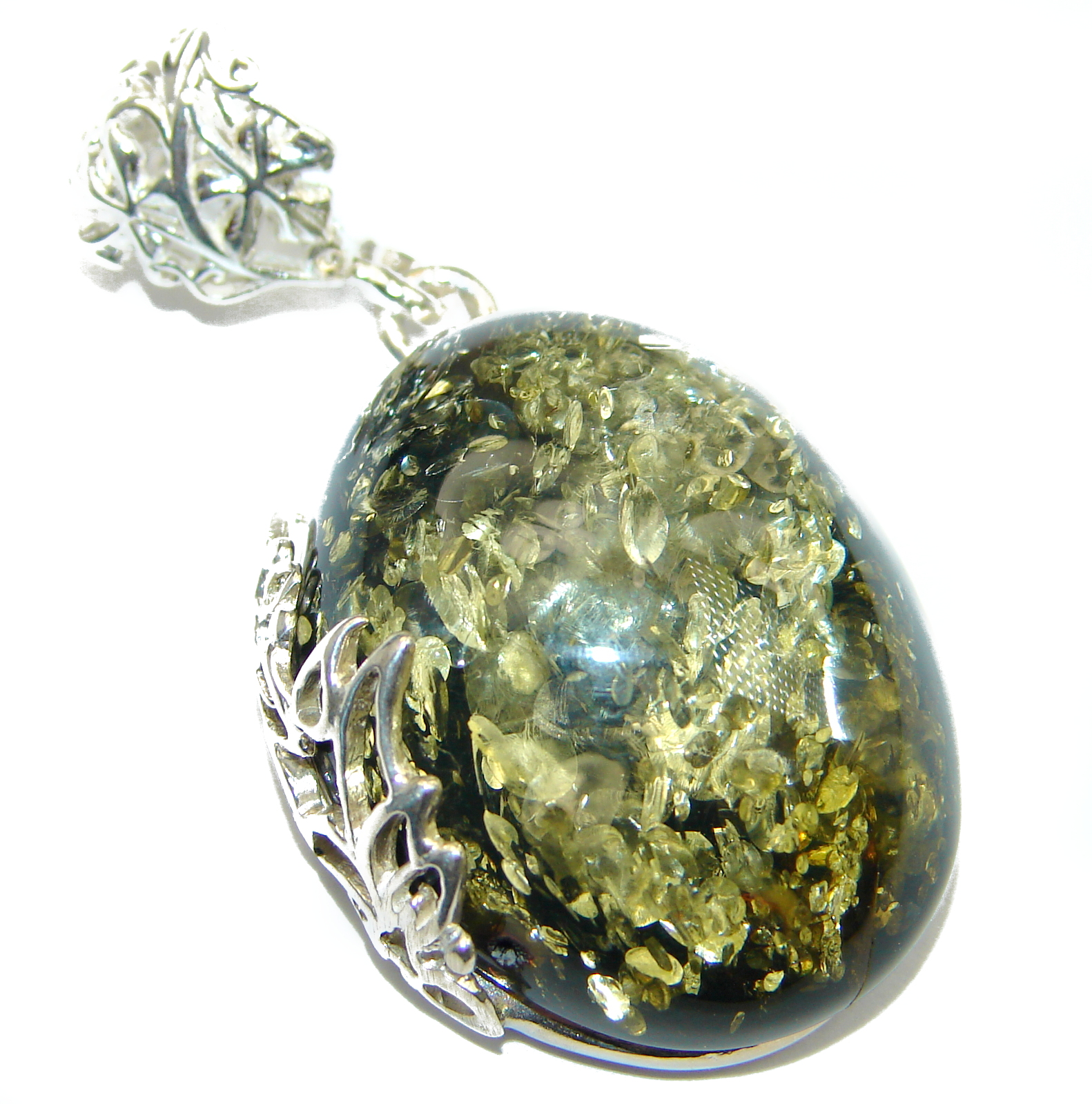 Natural Baltic Green Amber .925 Sterling Silver handmade Pendant