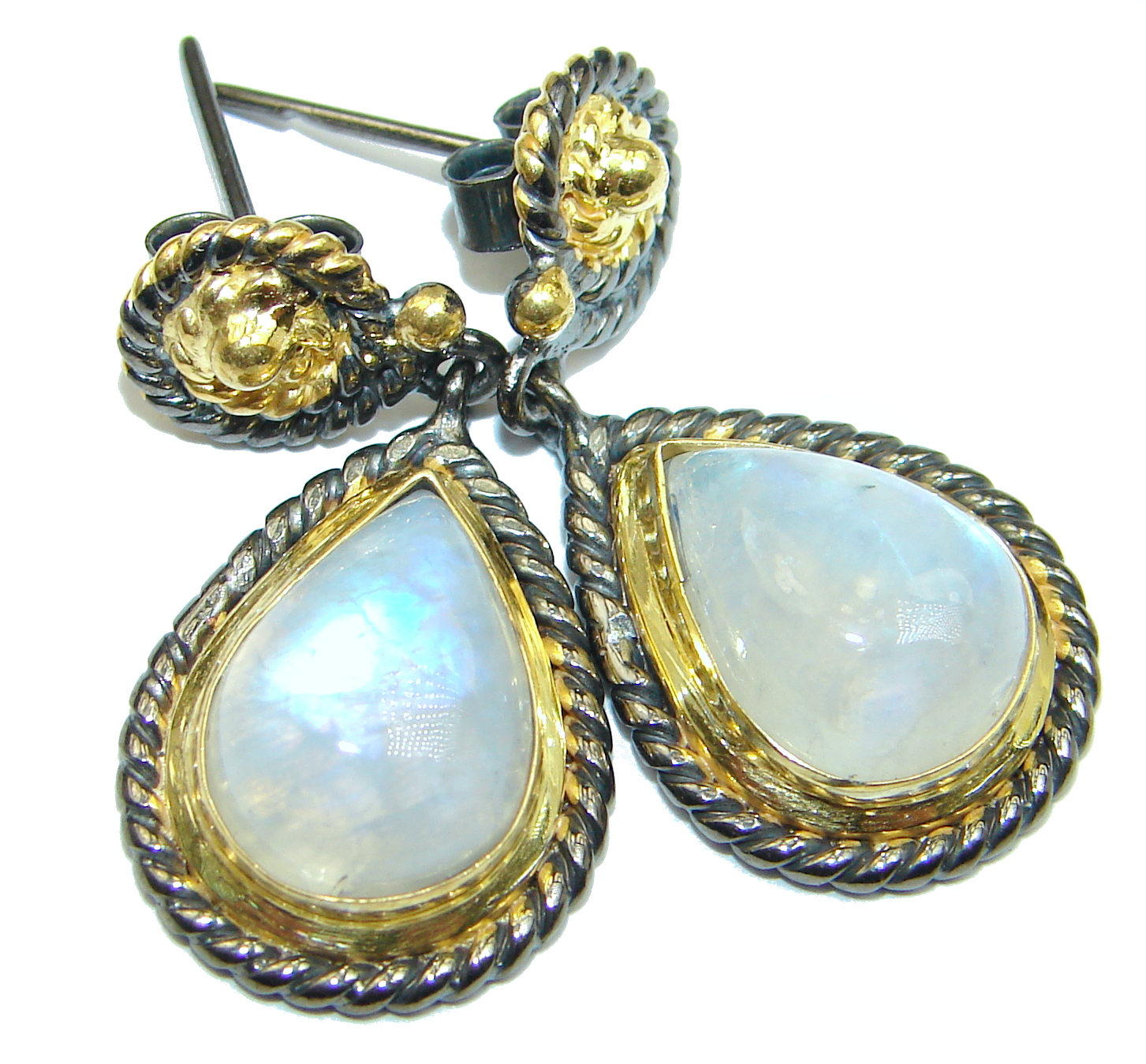 Genuine Fire Moonstone Gold over .925 Sterling Silver handcrafted Earrings