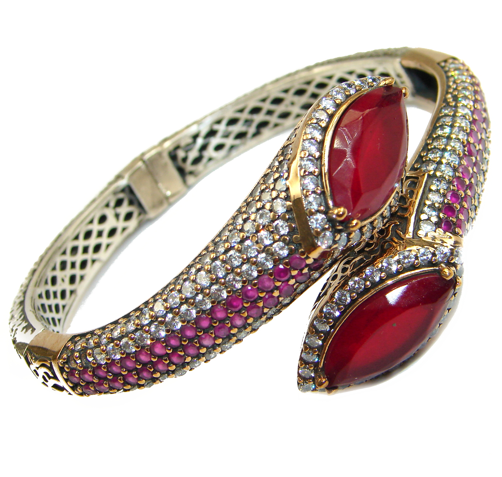 Victorian Style Created Red Ruby & White Topaz Copper over Sterling Silver Bracelet bangle