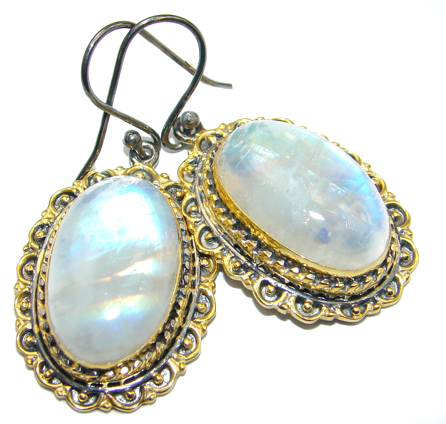 Vintage Design Fire Moonstone 18K Gold over .925 Sterling Silver handcrafted Earrings