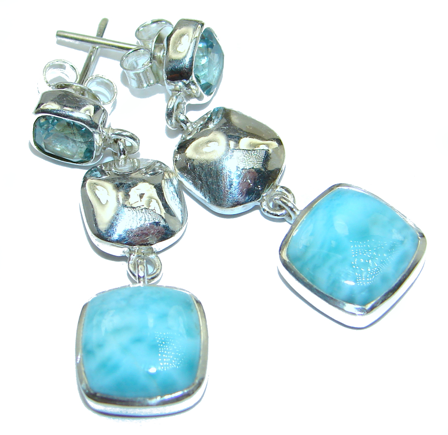 Rich Design Larimar Swiss Blue Topaz .925 Sterling Silver handcrafted earrings