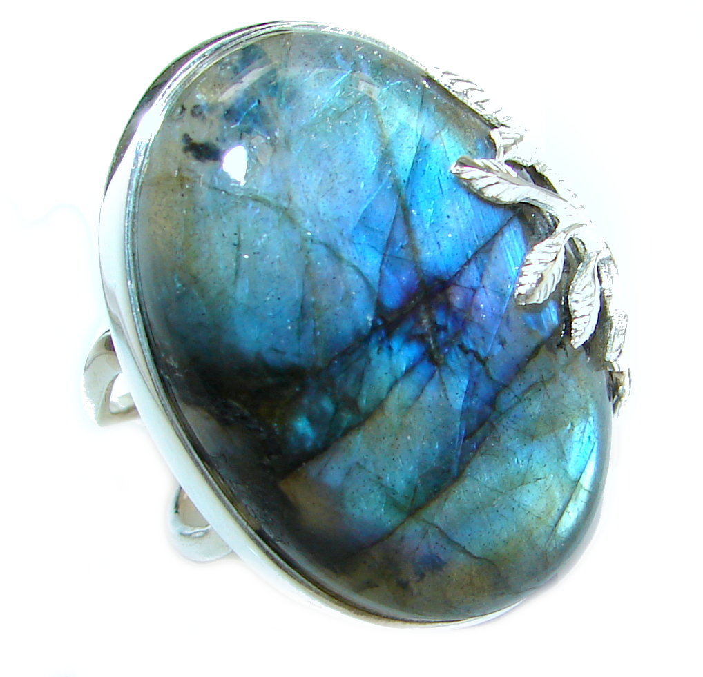Large Fire Labradorite .925 Sterling Silver handmade ring size 7 adjustable