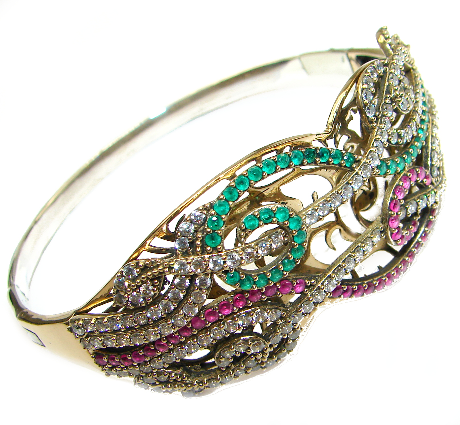 Victorian Style created Ruby & White Topaz Sterling Silver Bracelet / Cuff