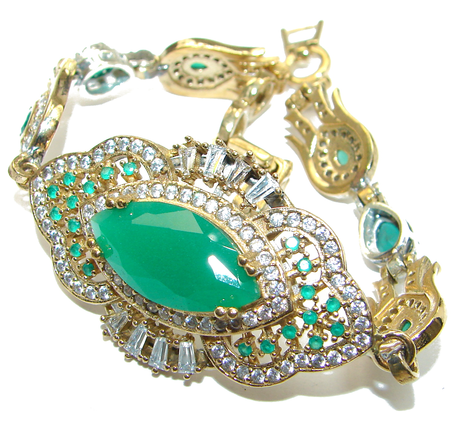 Victorian Style created Emerald & White Topaz Sterling Silver Bracelet