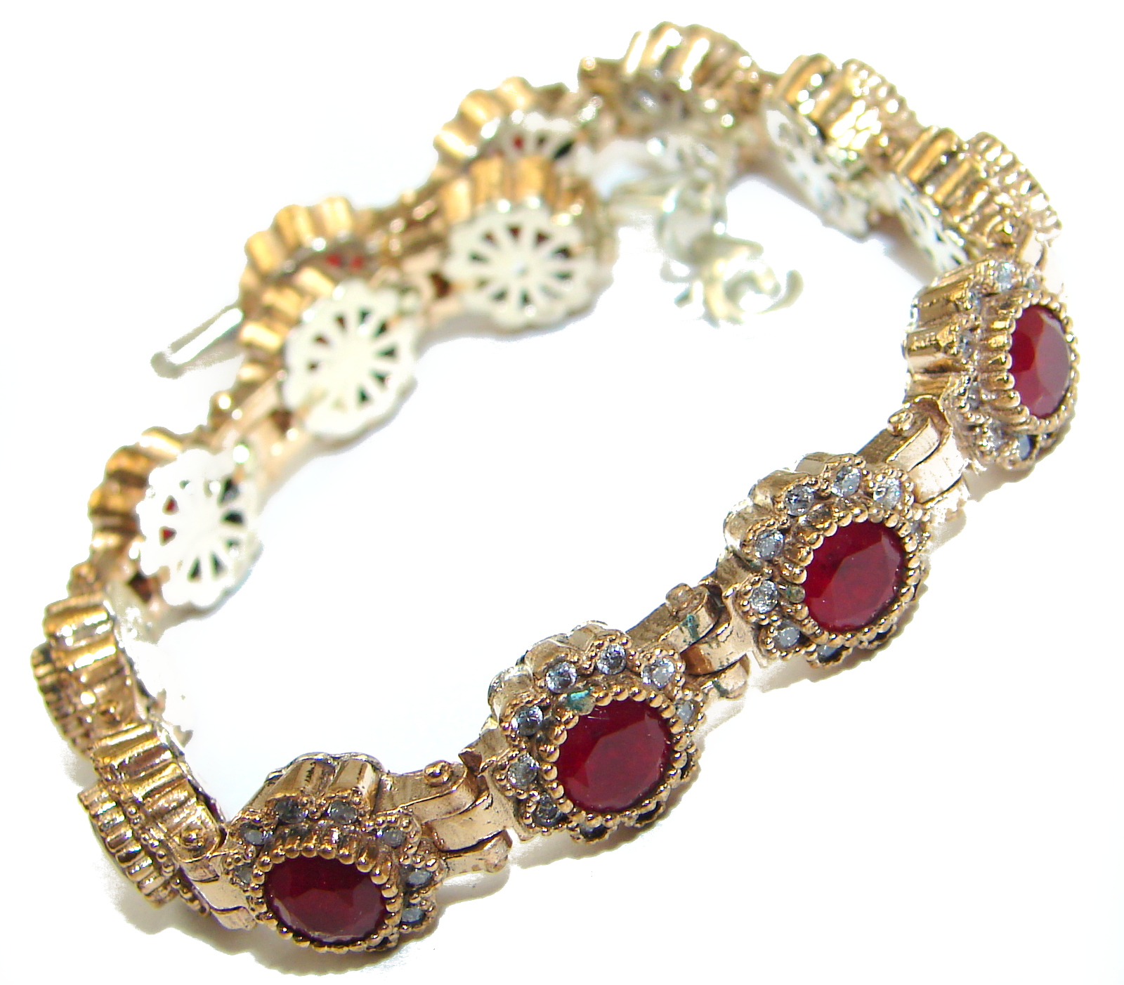 Victorian Style created Ruby & White Topaz Sterling Silver Bracelet