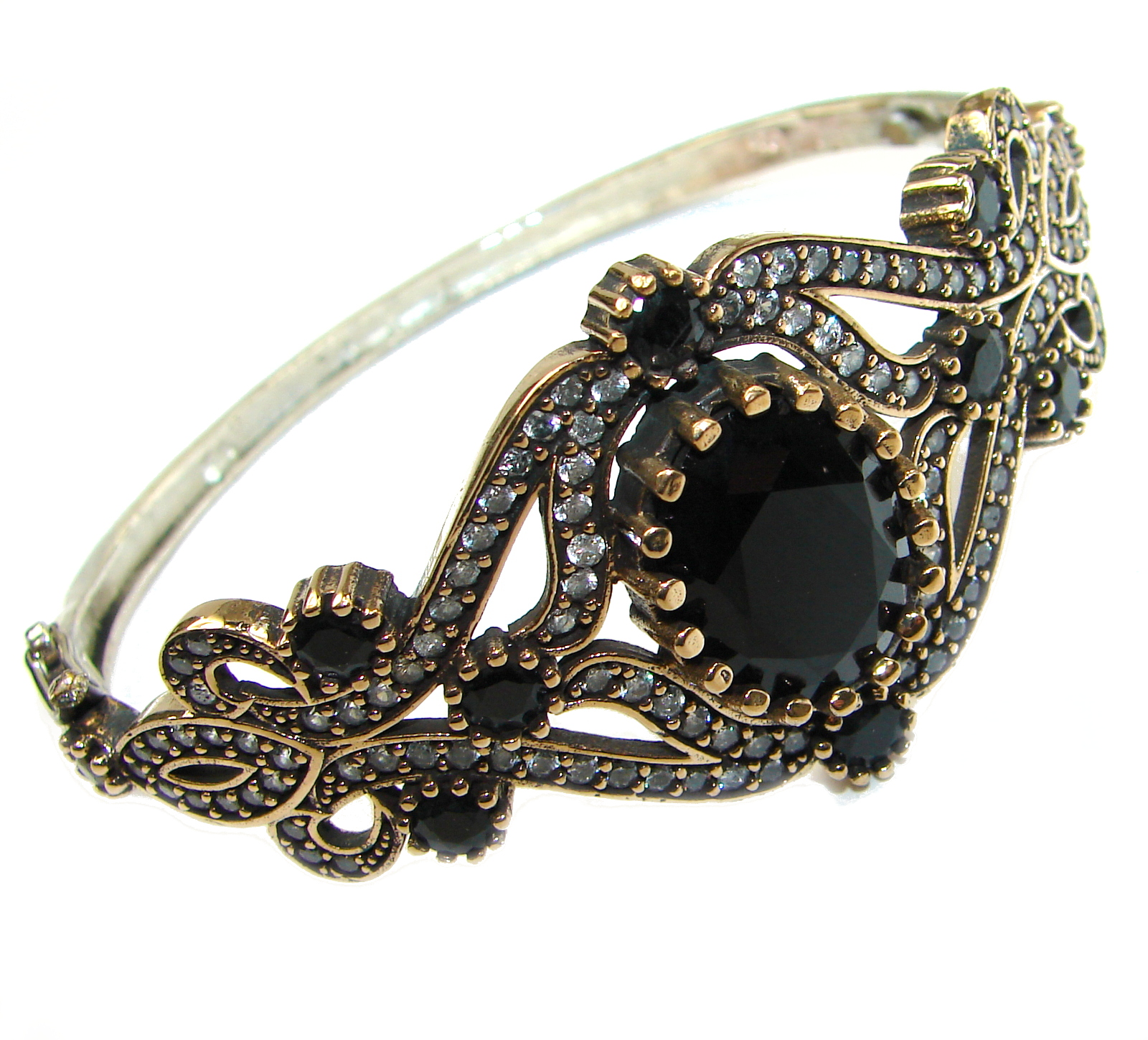 Victorian Style Onyx & White Topaz Sterling Silver Bracelet