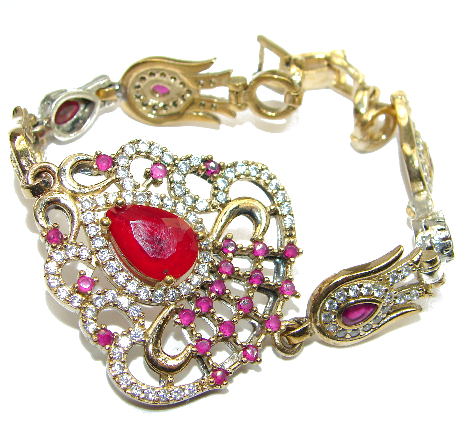 Victorian Style created Ruby & White Topaz Sterling Silver Bracelet