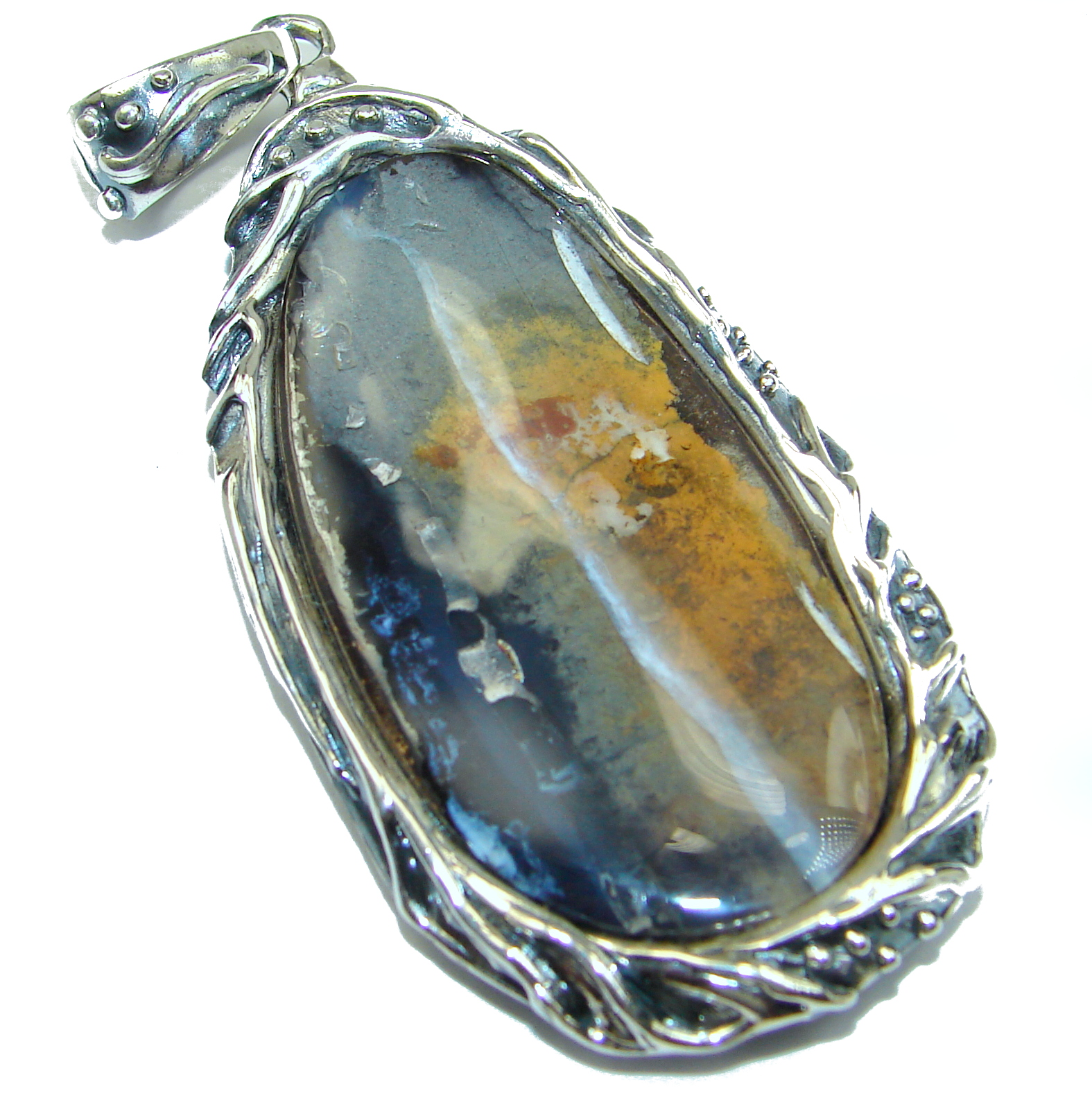 Giant Rustic Design Authentic Australian Boulder Opal .925 Sterling Silver handmade Pendant