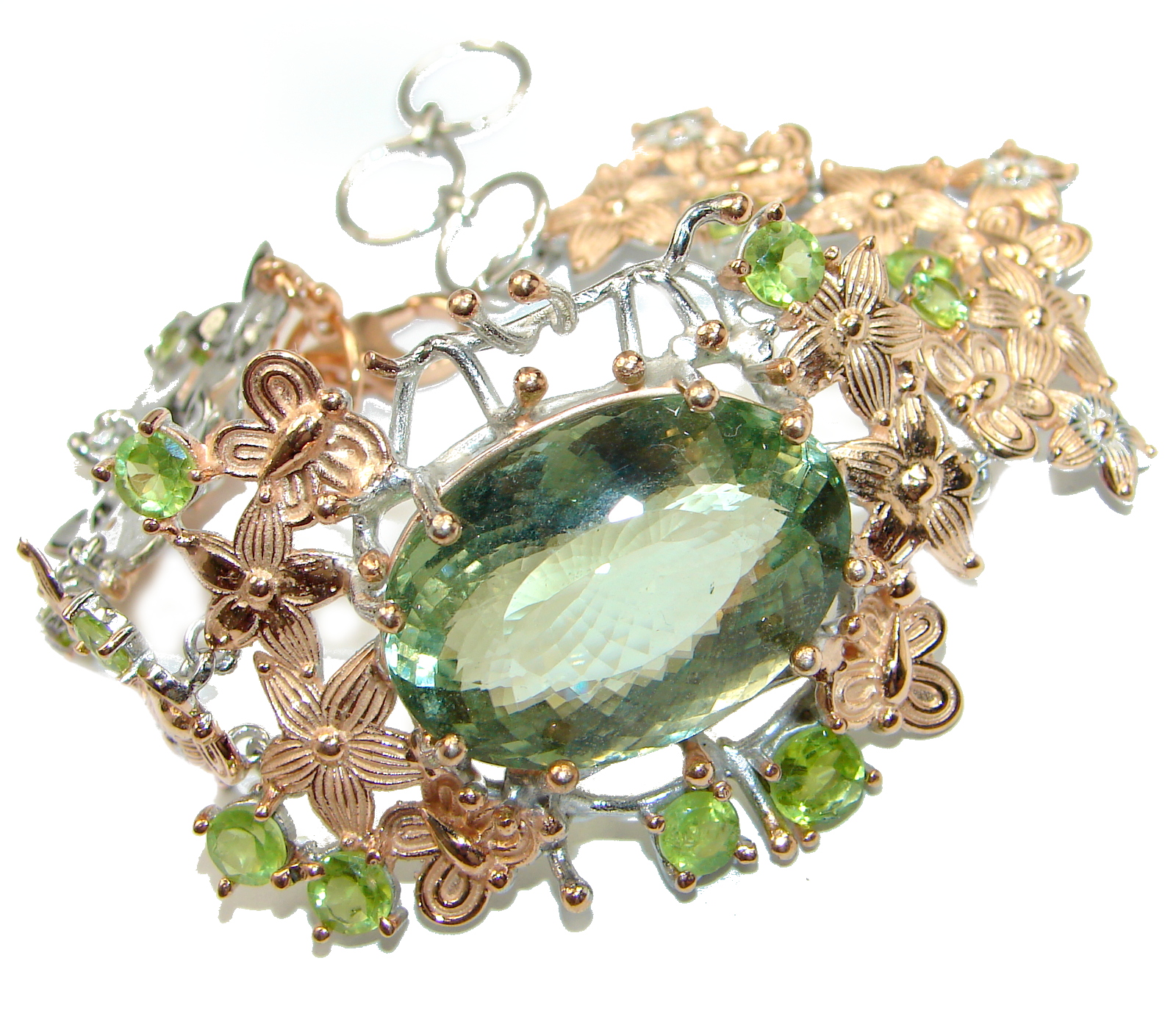 Baroque Style Green Amethyst 14 Gold over .925 Sterling Silver handmade Bracelet