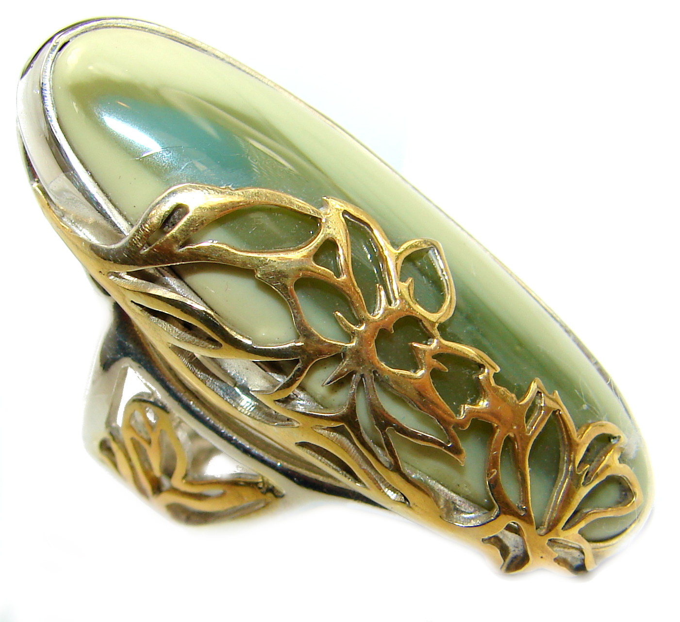Wild Horse Jasper two tones .925 Sterling Silver ring s. 7 adjustable