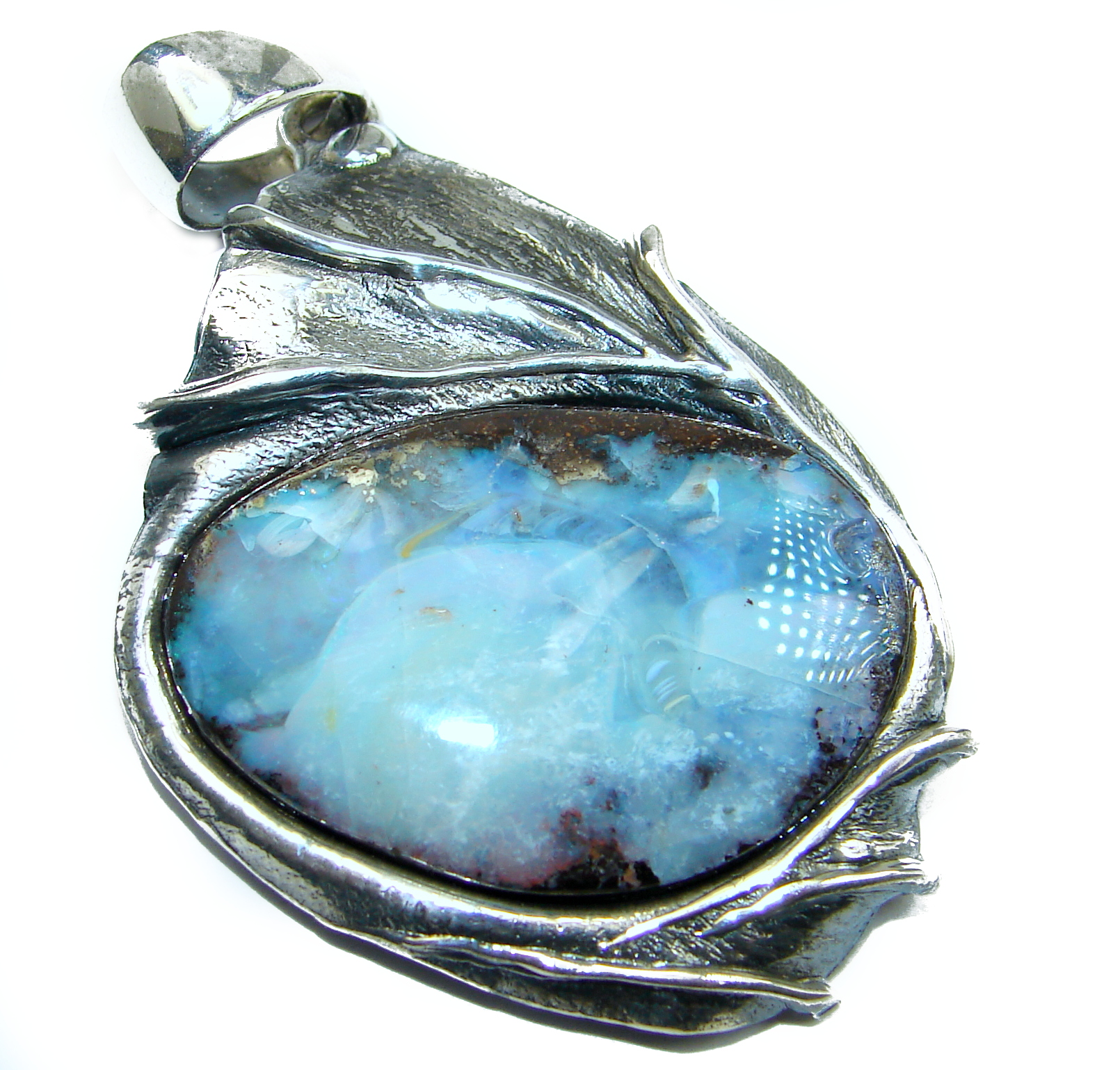 Giant Rustic Design Authentic Australian Boulder Opal .925 Sterling Silver handmade Pendant