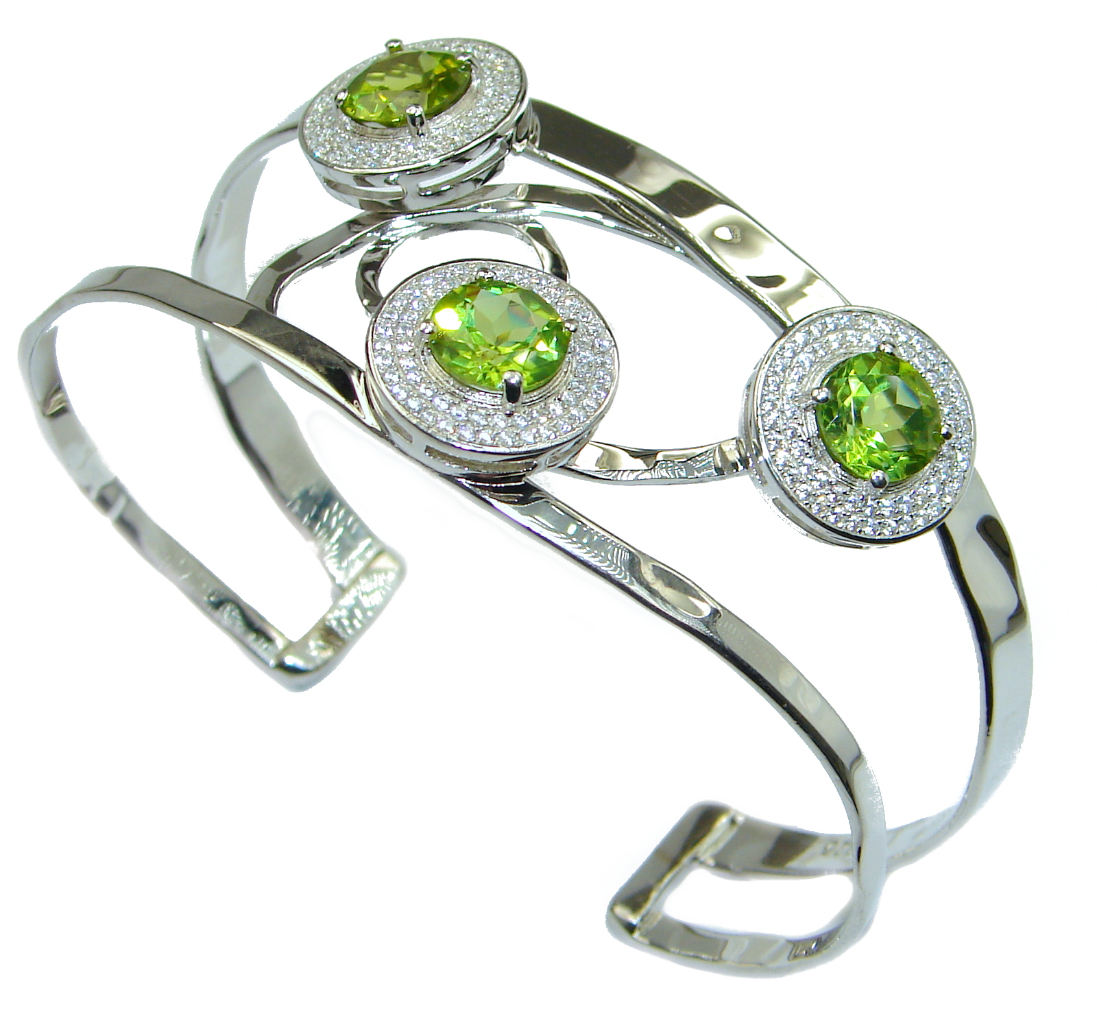 Genuine Peridot White Topaz .925 hammered Sterling Silver Bracelet / Cuff