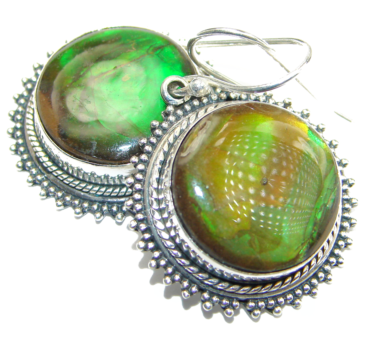 Red Aura AAA + Fire Ammolite .925 Sterling Silver handcrafted earrings