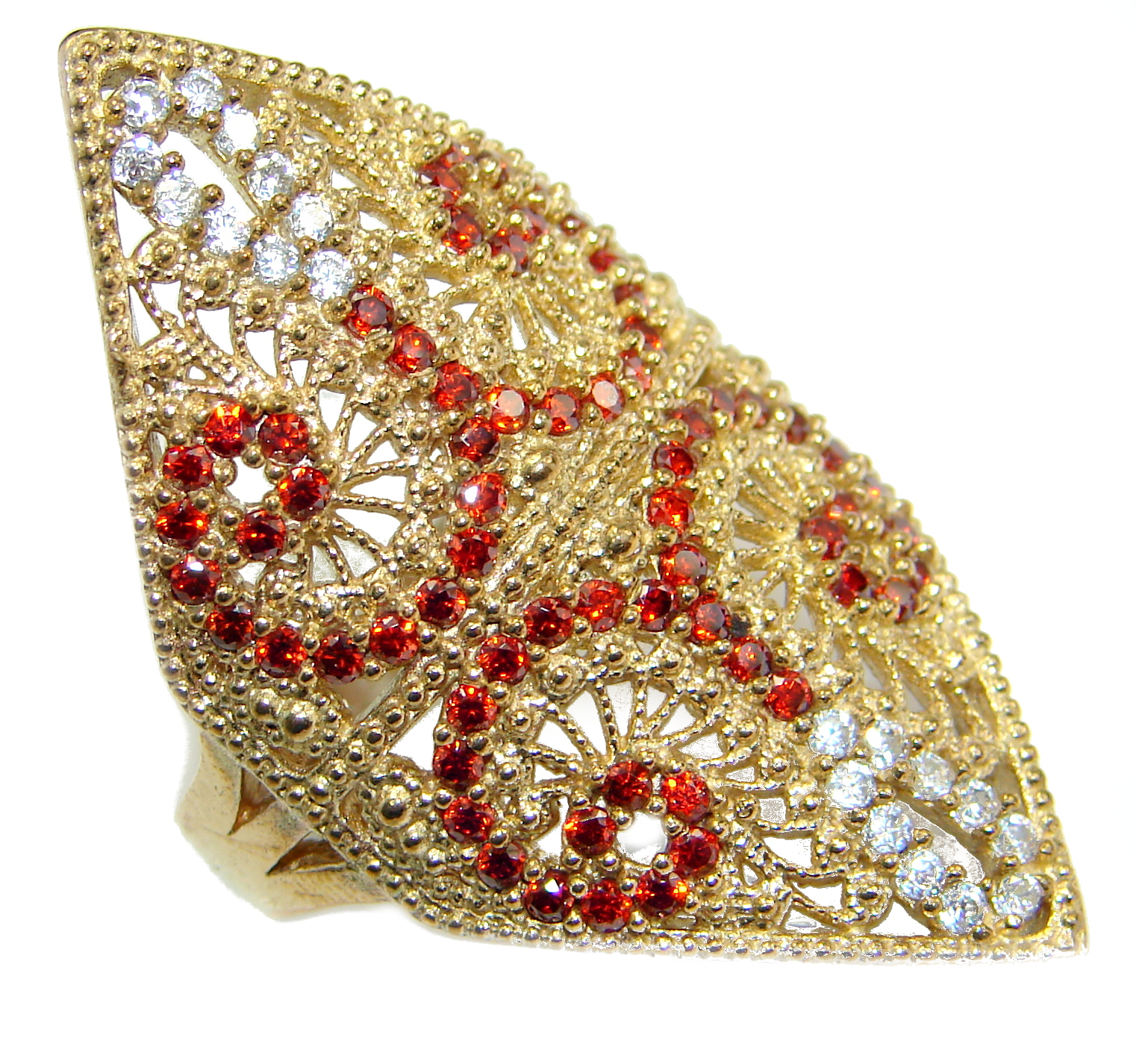 Large Victorian Style created Ruby & White Topaz Sterling Silver ring; s. 9