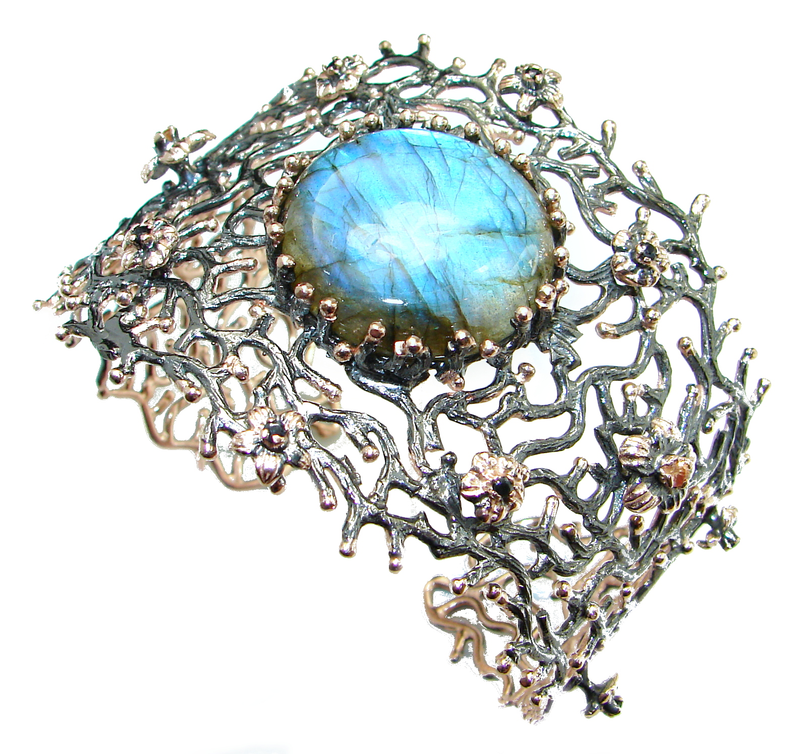 Huge Silky Labradorite 14K Gold Rhodium over .925 Sterling Silver handmade Bracelet / Cuff