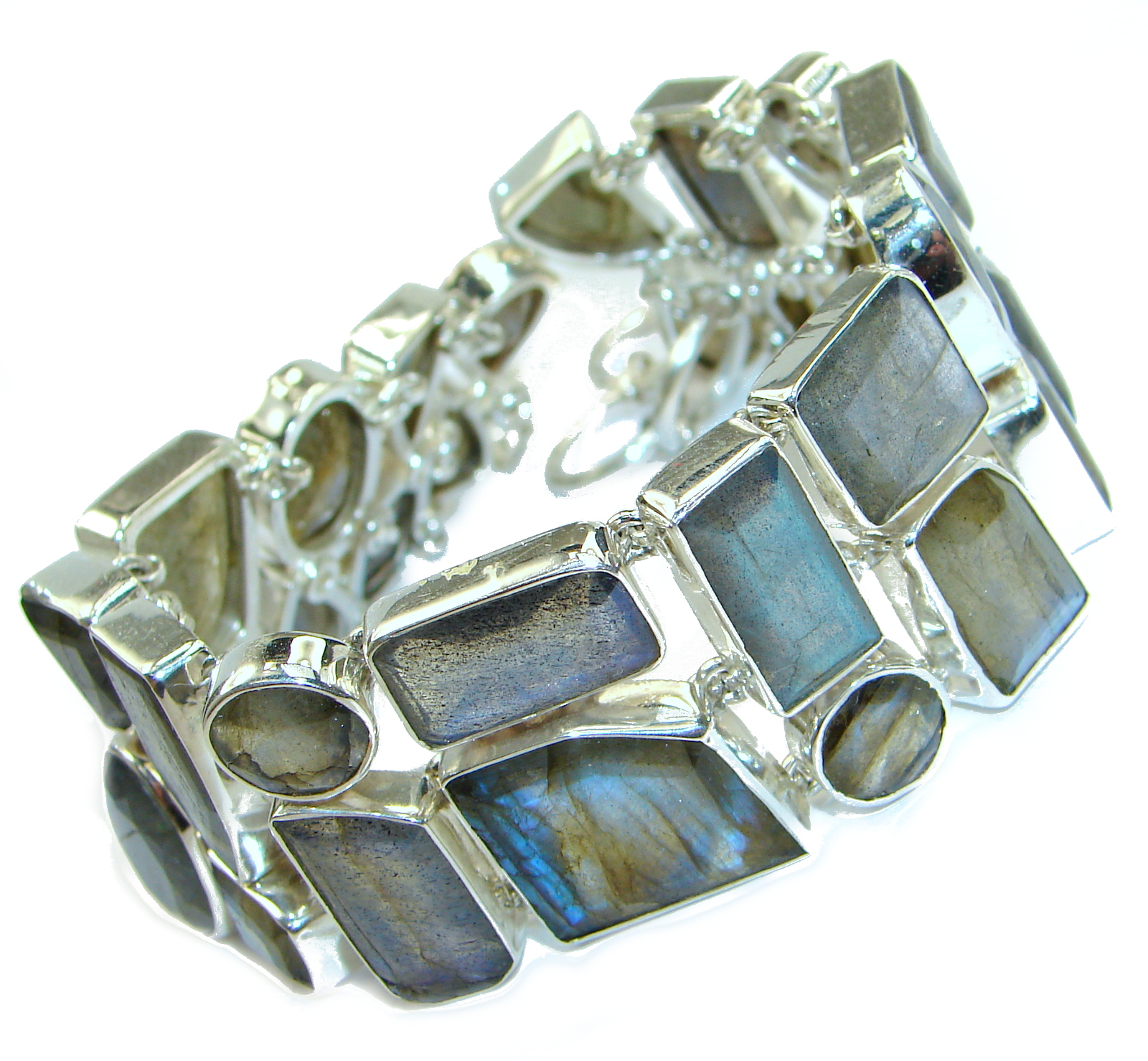 Large Cascade of light GENUINE Labradorite .925 Sterling Silver handmade Bracelet